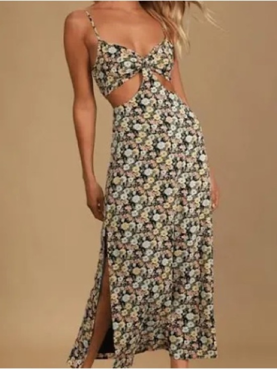 Lulus Dresses & Skirts - Lulu's Black Floral Cutout Midi Dress with Pastel Blooms